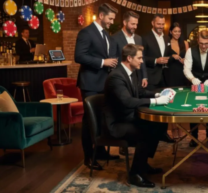 Elegancki lounge eventowy z mobilnymi atrakcjami kasynowymi