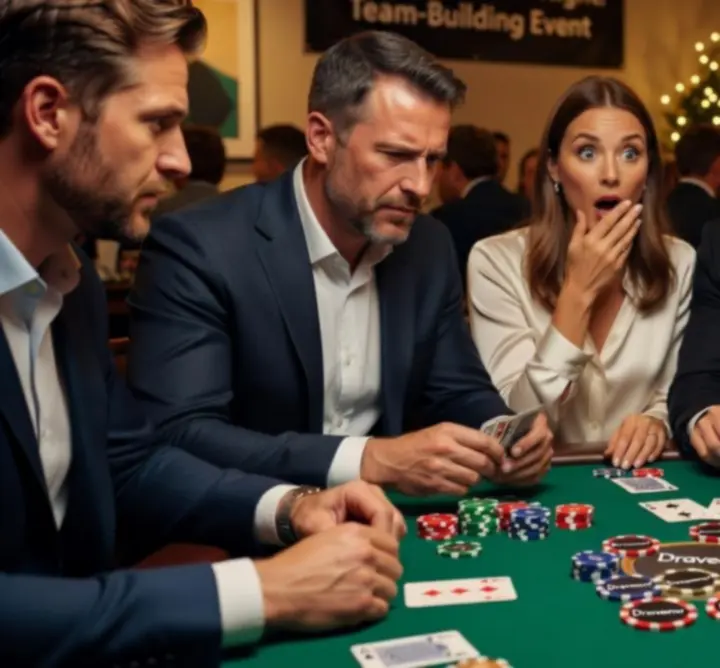 Stół pokerowy otoczony uczestnikami podczas mobilnego eventu 